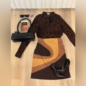 Kenneth Cole Brown, Mustard & Tan Swirl Midi Skirt